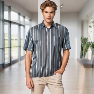 NWT KAID Button Front Men’s Shirt Silk Shirt Blue Yellow Stripes All Over Shirt